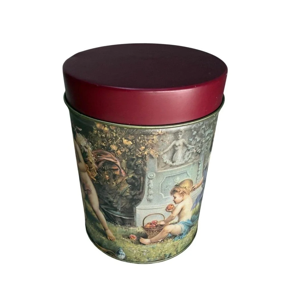 90s‎ Vintage Cherub Angel Decorative Metal Tin Canister w Lid Victorian Style